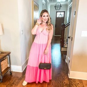 English Factory/ Maxi Ombré Pink Ruffle Shoulder Dress/ Size: Small